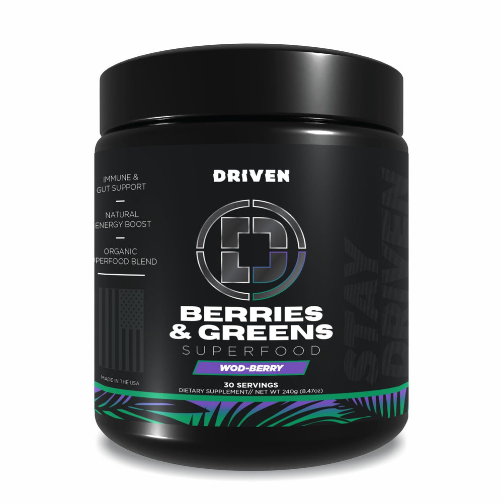Front view of Driven B&G Berries & Greens powder jar