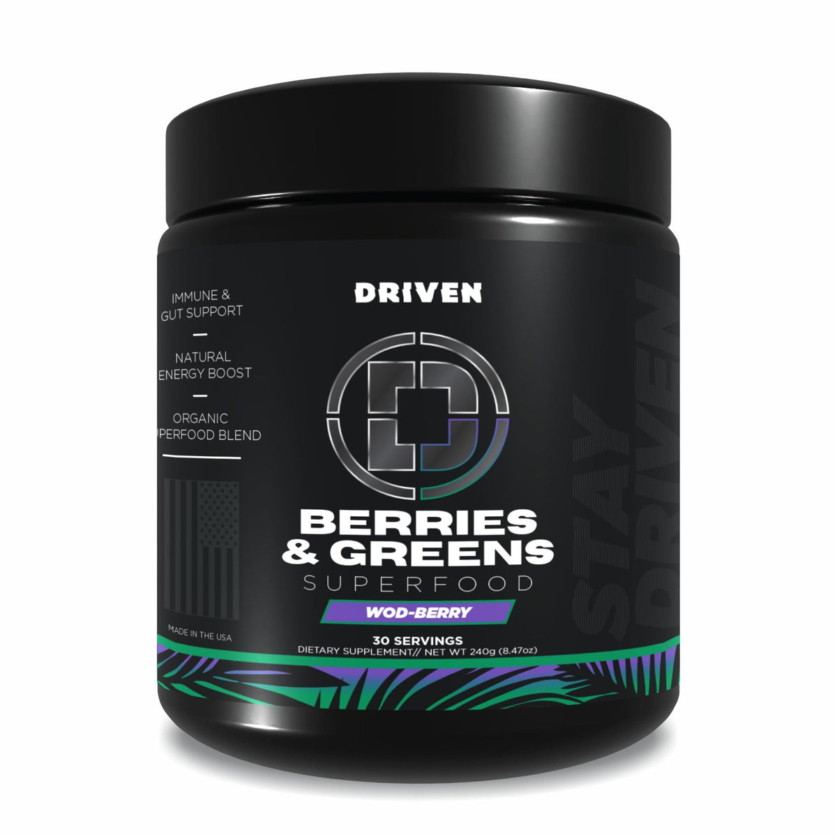 Front view of Driven B&G Berries & Greens powder jar