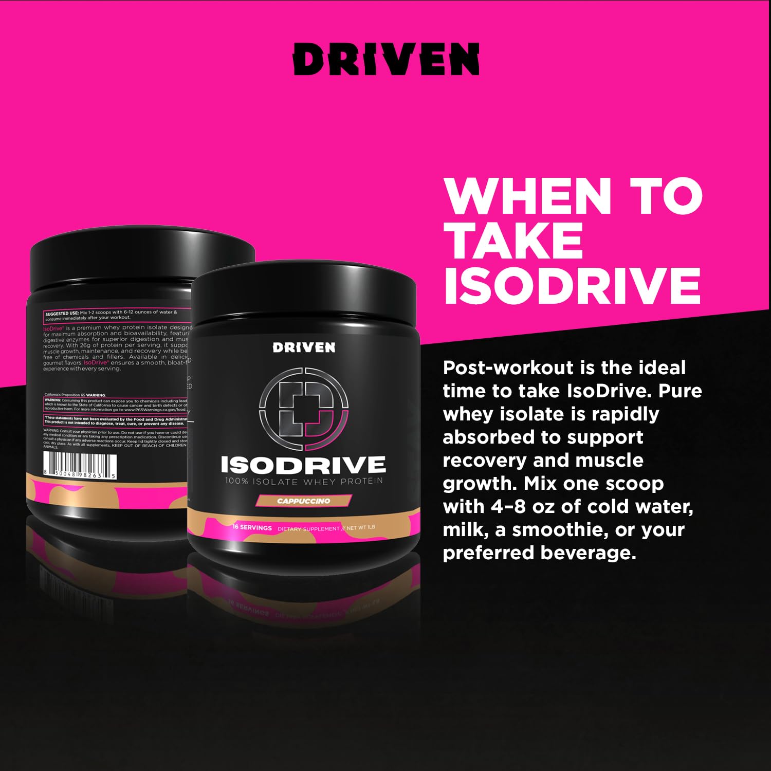 Nutrition facts panel for ISODRIVE Whey Isolate