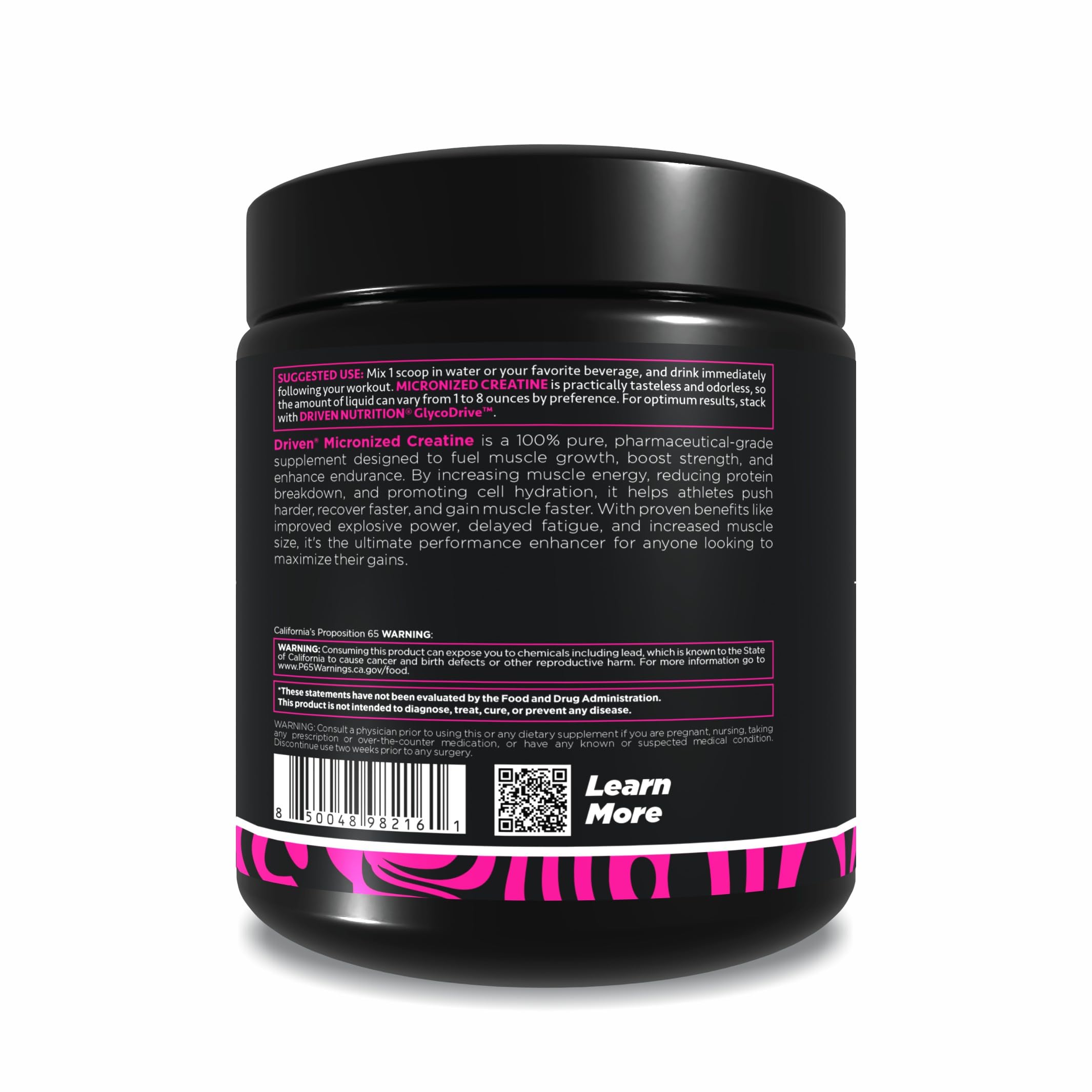 Back view of 500g packaging for Driven Nutrition Creatine Monohydrate