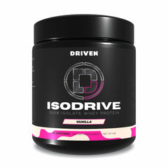 Driven Nutrition ISODRIVE vanilla whey isolate bottle for quick protein shakes.