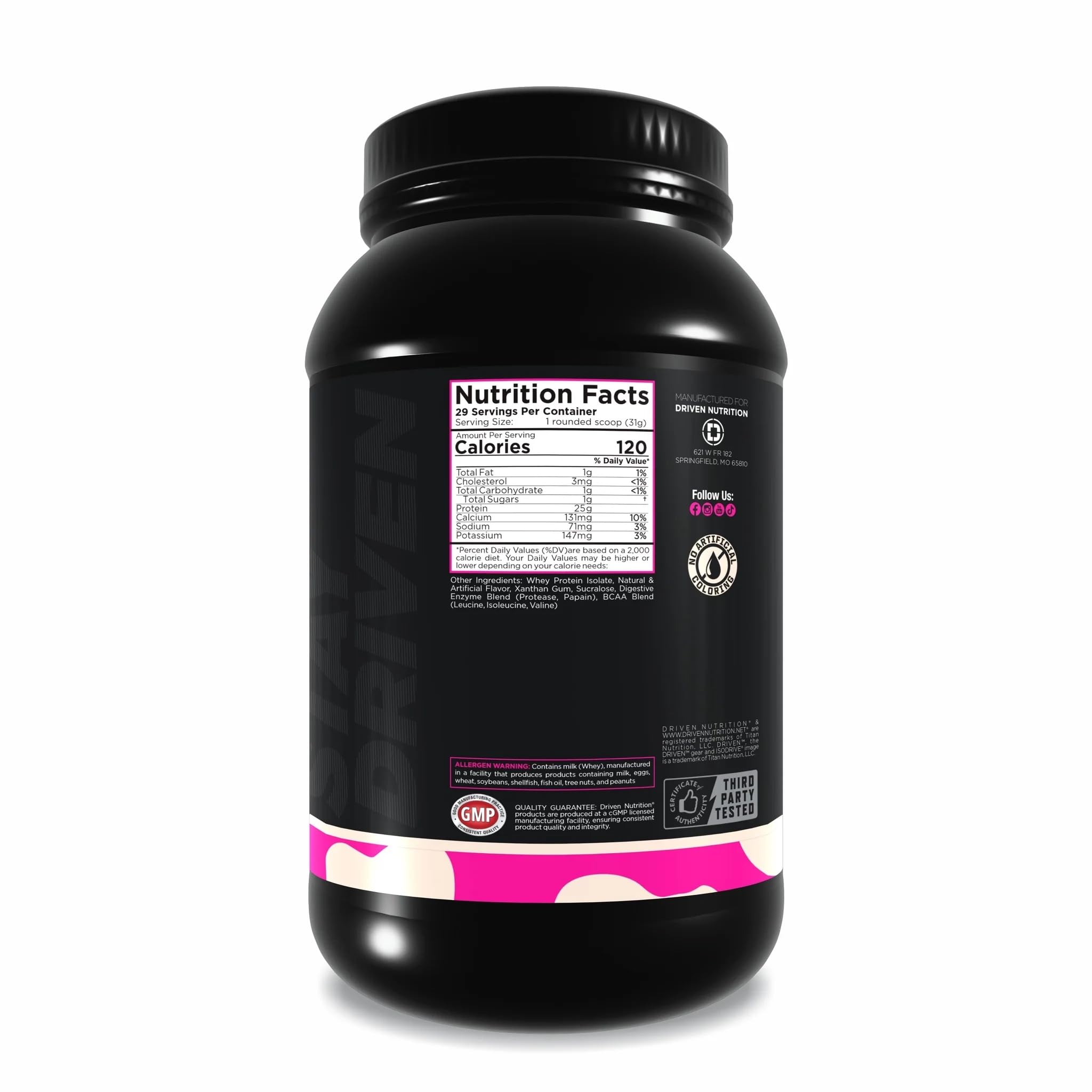 Driven Nutrition IsoDrive Vanilla packaging close-up emphasizes convenient daily protein