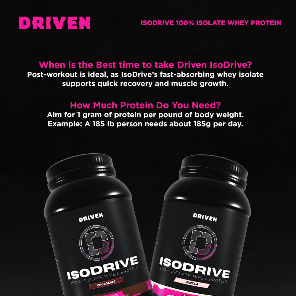 Driven Nutrition IsoDrive Vanilla pour image demonstrates flexible post-workout use