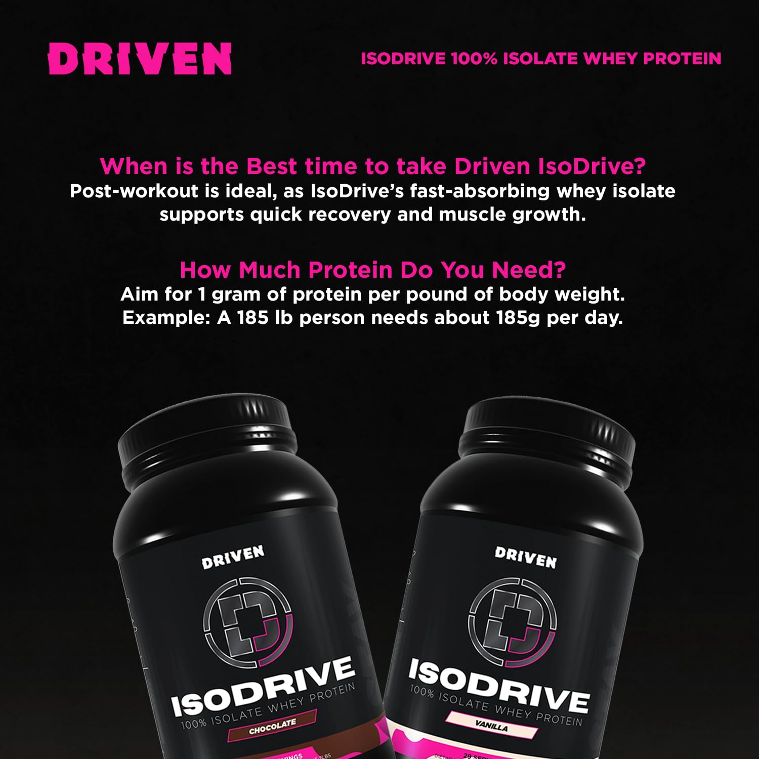 Driven Nutrition IsoDrive Vanilla pour image demonstrates flexible post-workout use