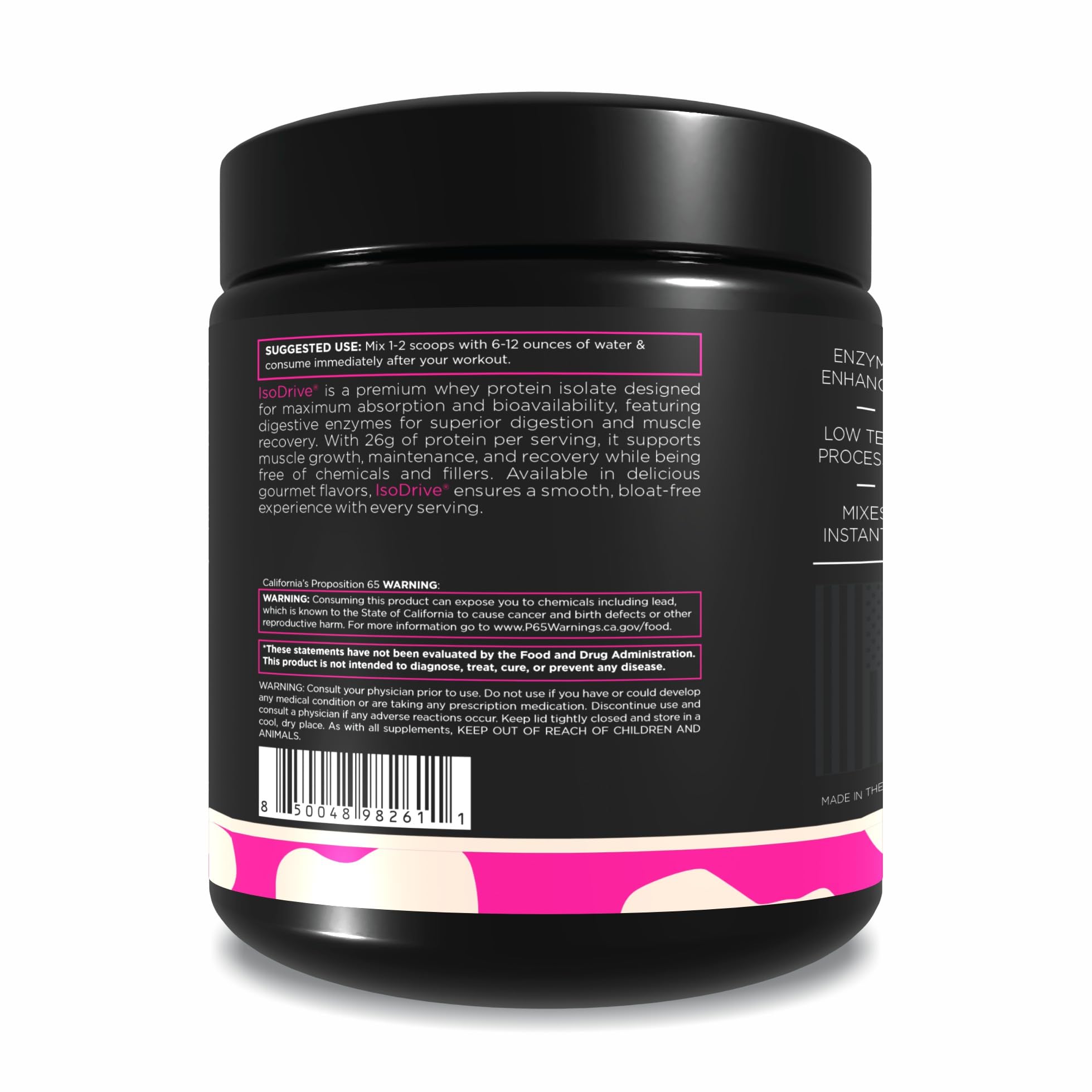 Driven Nutrition ISODRIVE vanilla scoop resting beside the tub.