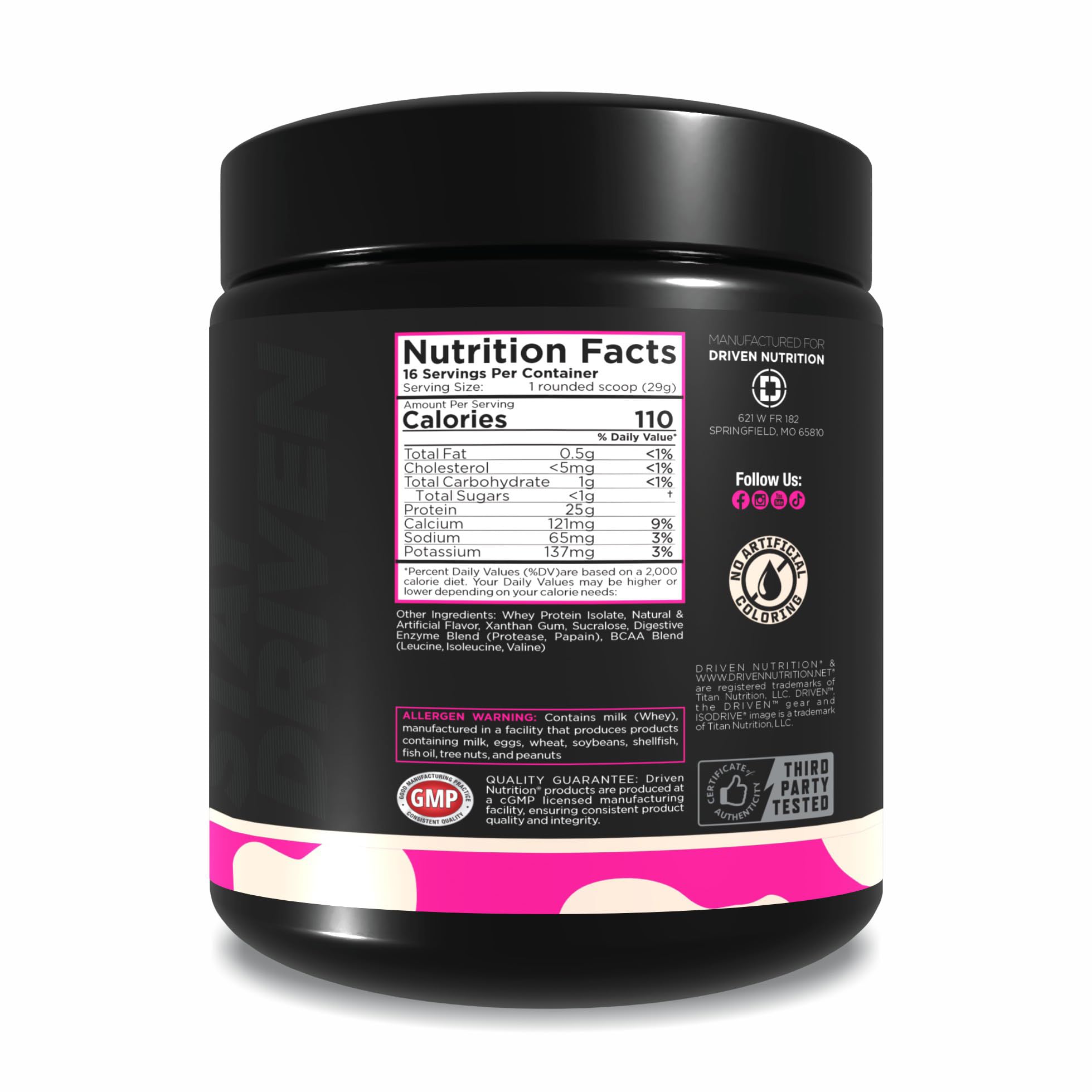 Driven Nutrition ISODRIVE vanilla protein tub label highlights ingredients.