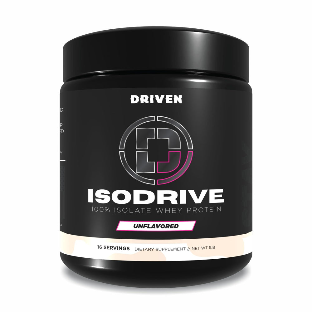 Driven Nutrition ISODRIVE whey isolate label closeup highlighting ultra-bioavailable protein