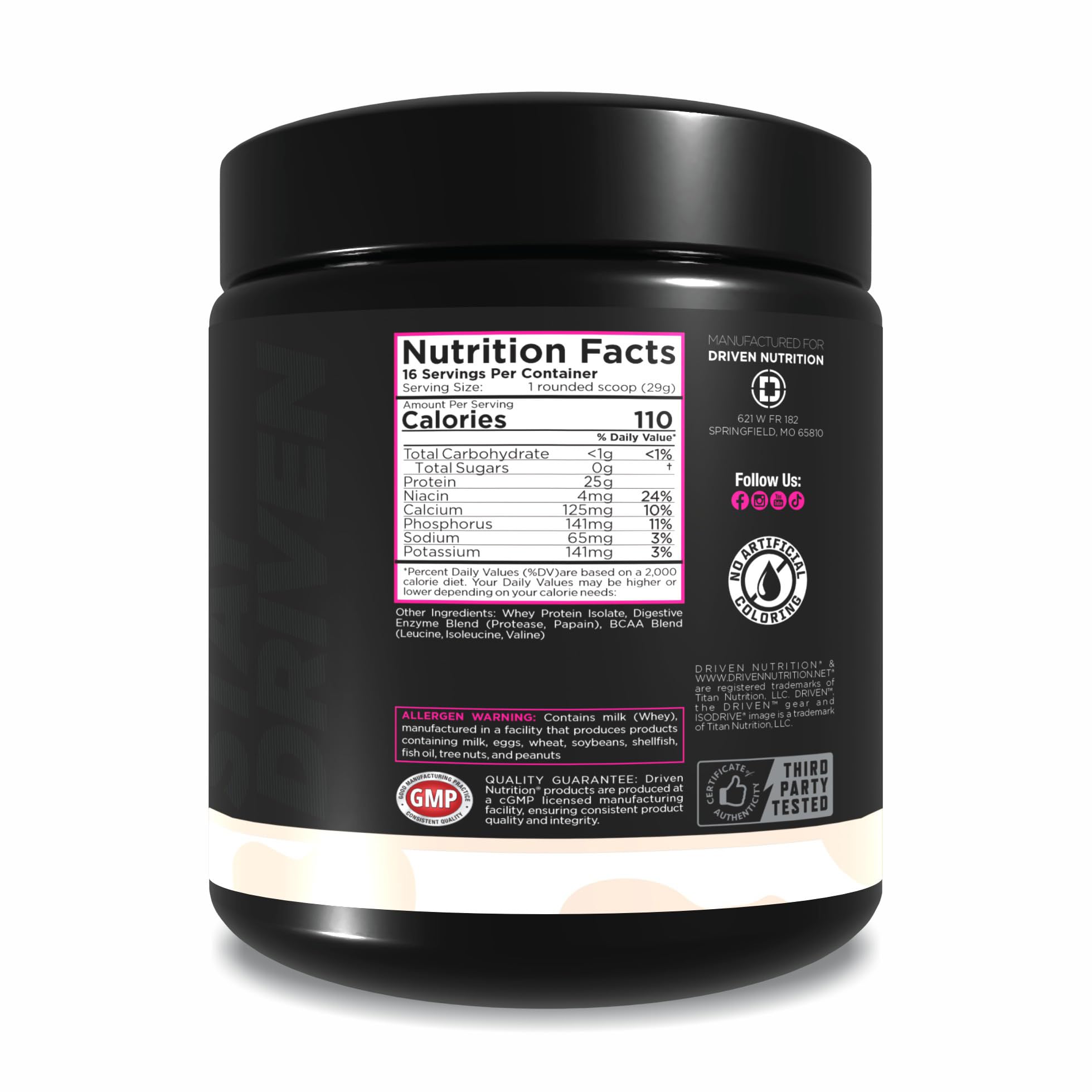 Driven Nutrition ISODRIVE nutrition facts panel highlighting lactose-free and high-protein features