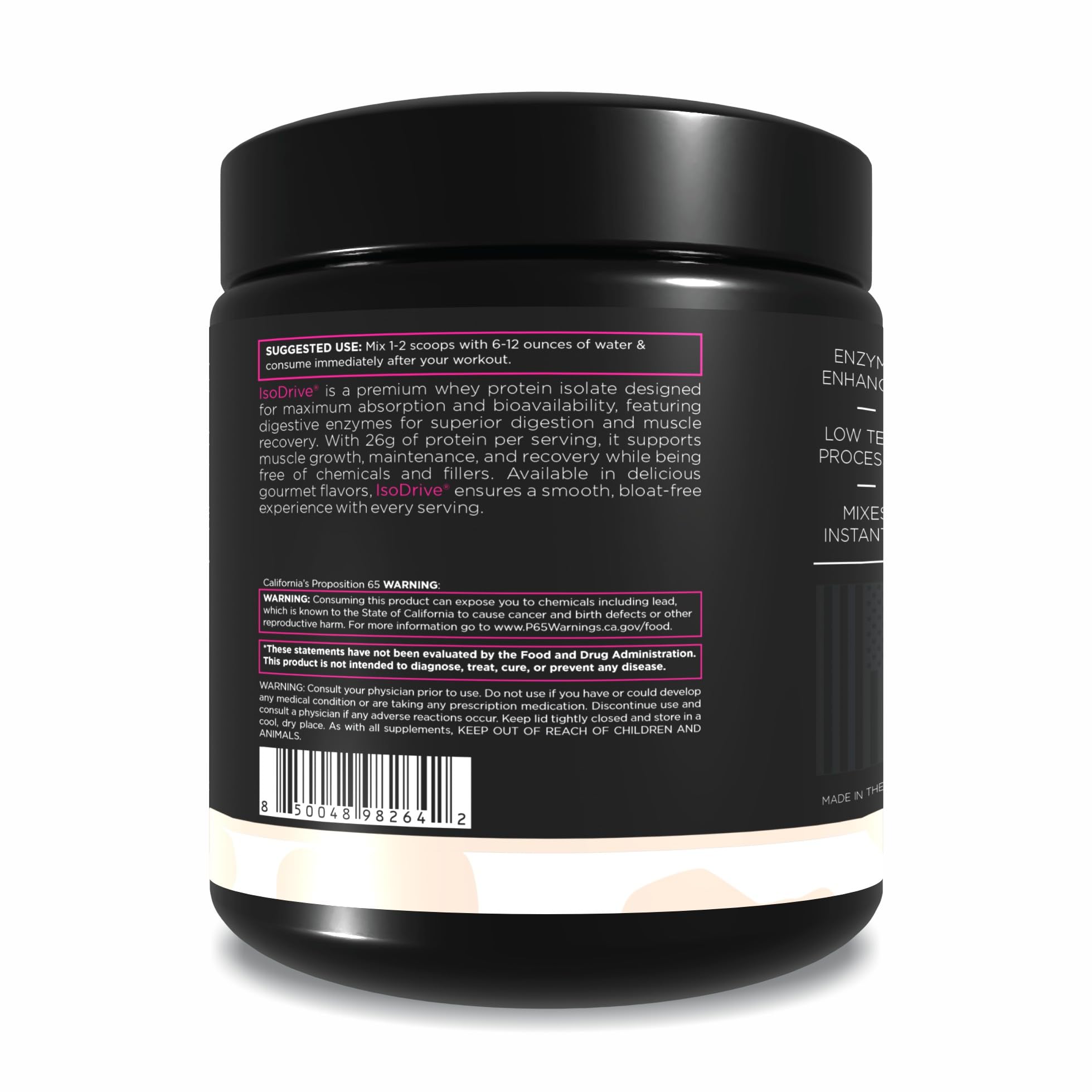 Driven Nutrition ISODRIVE unflavored base shaken into a glass for versatile flavor customization