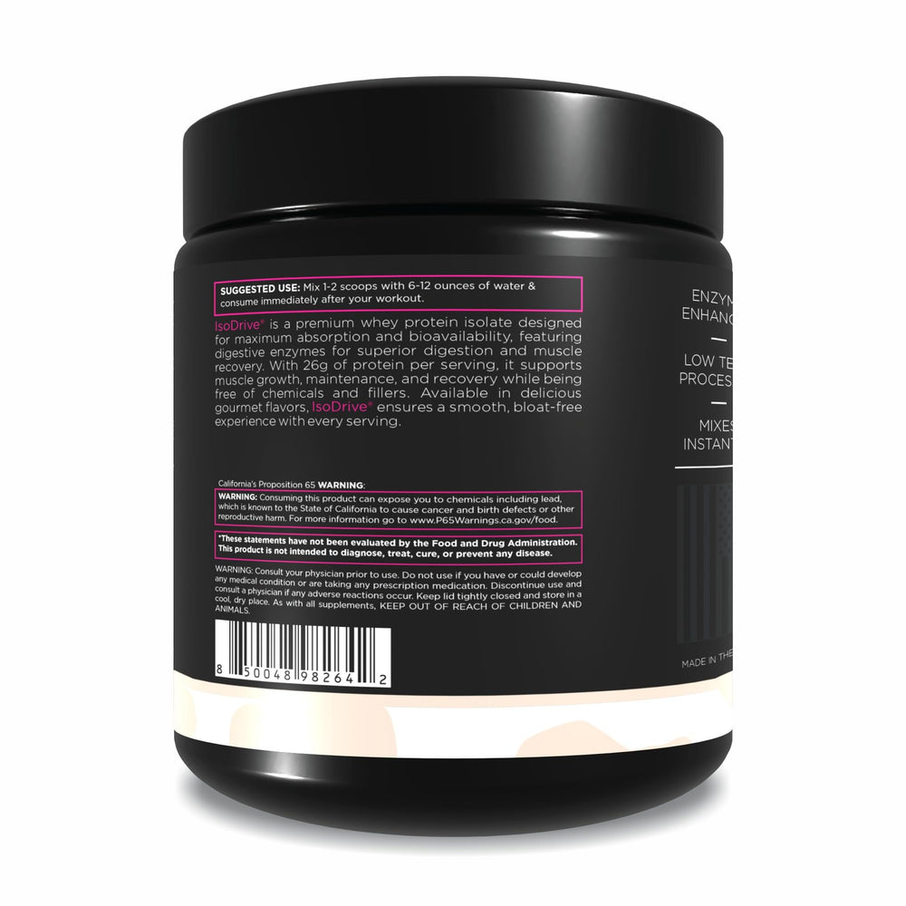 Driven Nutrition ISODRIVE unflavored base shaken into a glass for versatile flavor customization