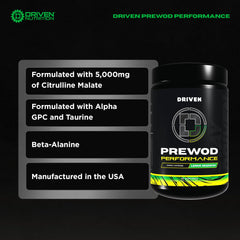 Driven Nutrition Pre WOD Island Charge bottle setup emphasizes stimulant-free endurance and hydration during training.