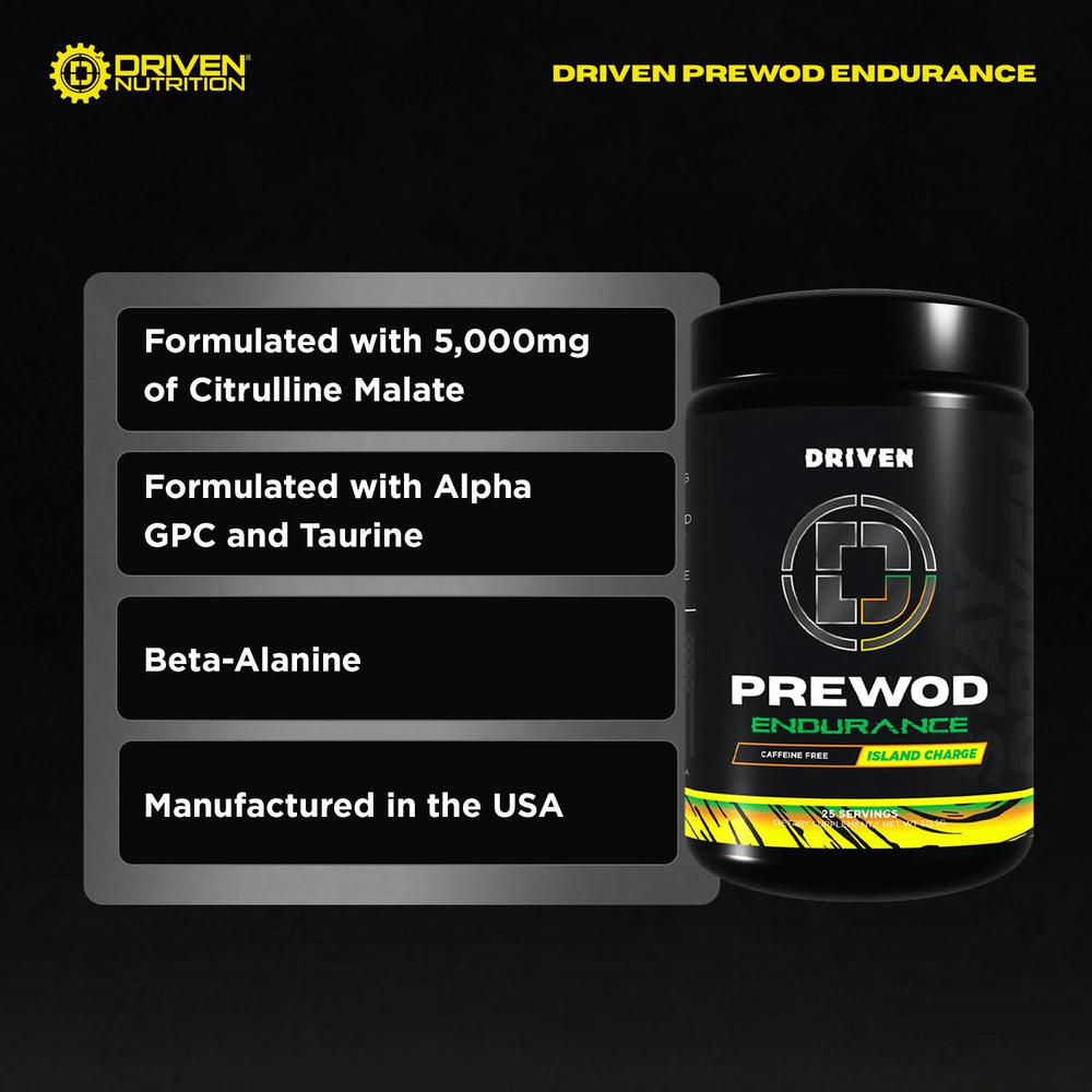 Driven PREWOD label closeup highlights ingredients for endurance