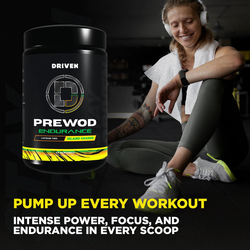 Driven PREWOD label closeup highlights ingredients for endurance