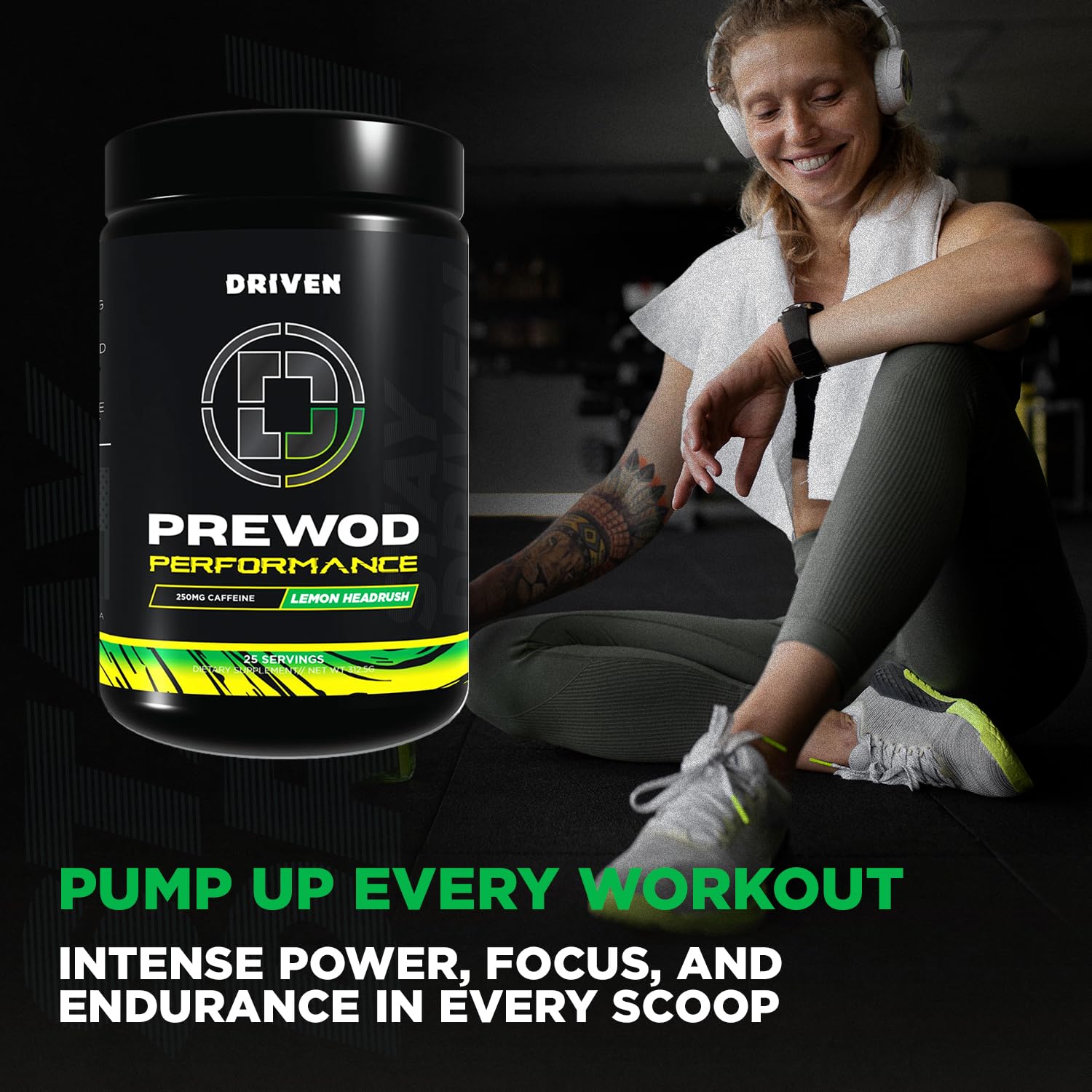 Driven Nutrition Pre WOD Lemon Headrush glass-mix highlights refreshing flavor and sustained focus.