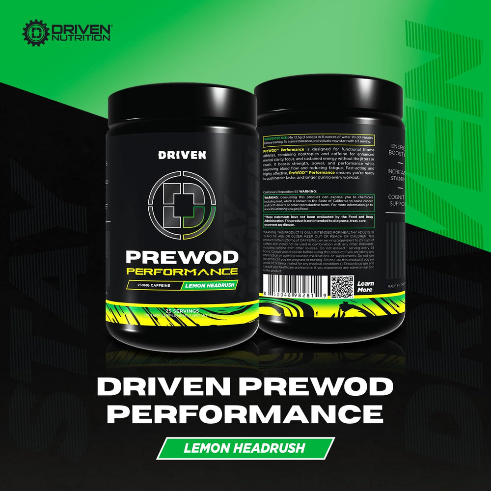 Driven Nutrition Pre WOD Lemon Headrush glass-mix highlights refreshing flavor and sustained focus.