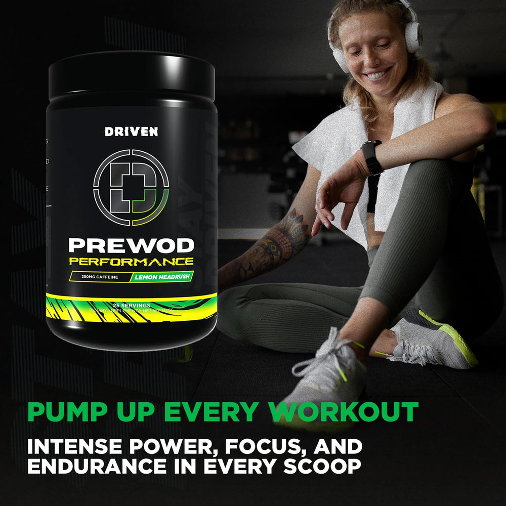 Driven Nutrition Pre WOD Peach Paradise powder-scoop showcases smooth texture and convenient pre-workout boost.
