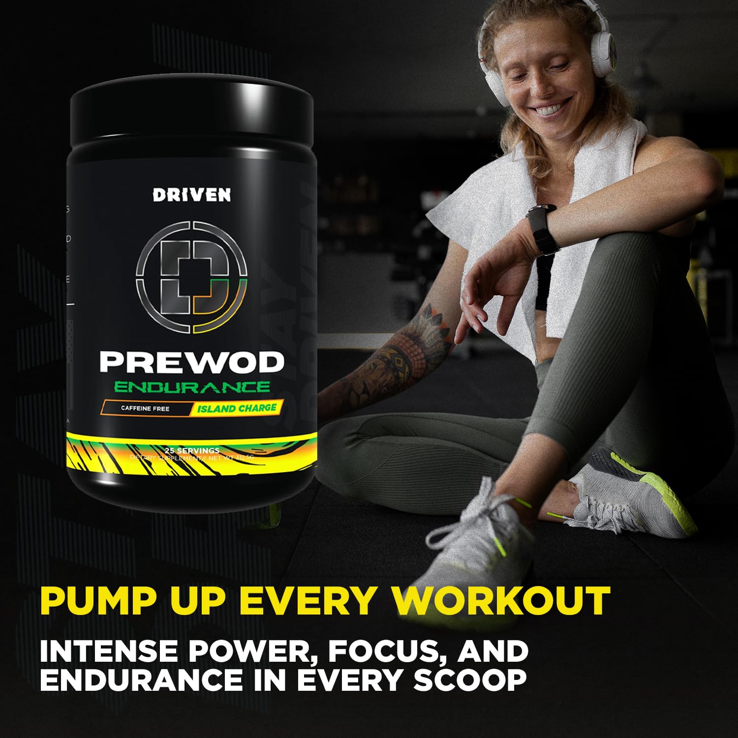 Driven PREWOD scoop ready to dispense illustrating stimulant-free performance support