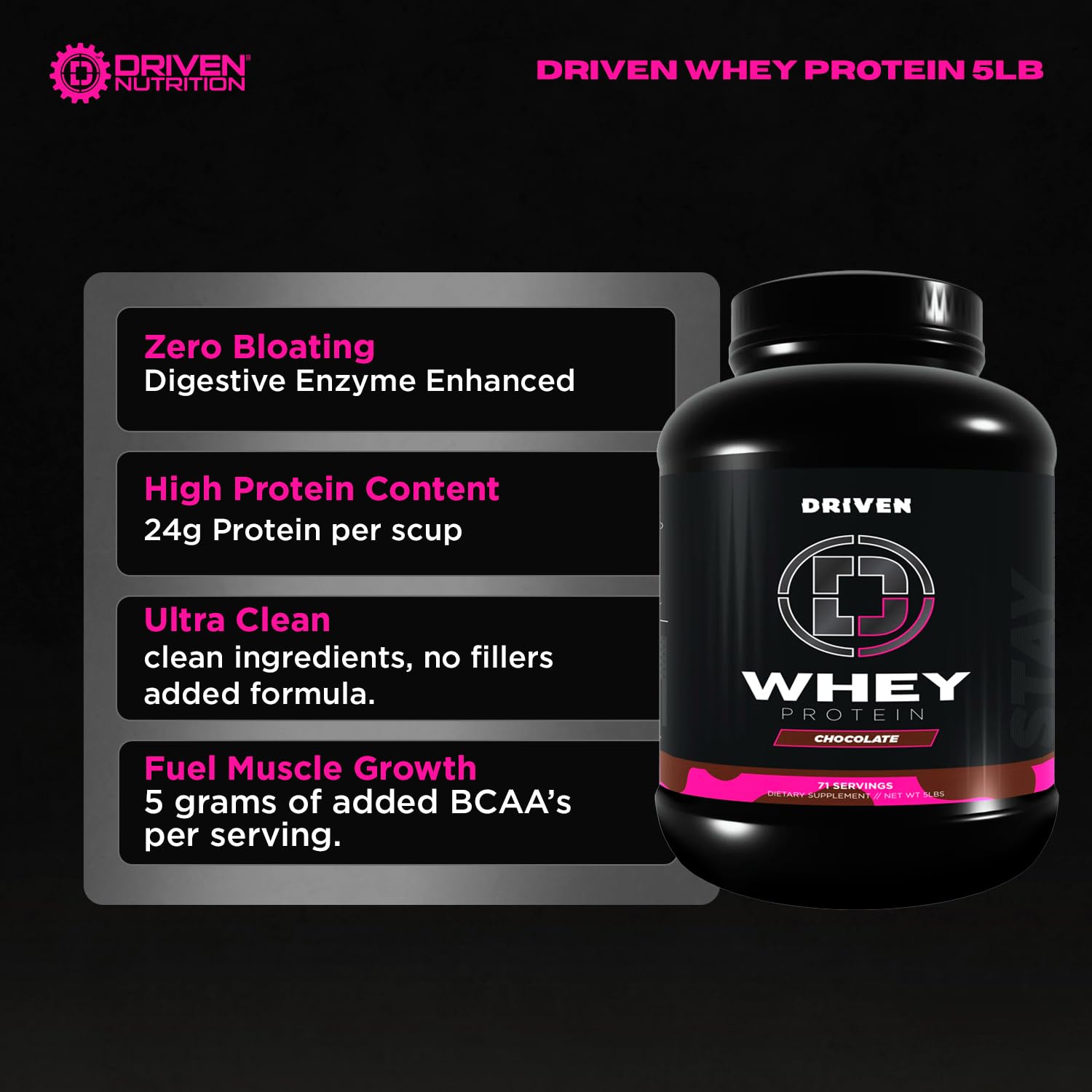 Driven Whey chocolate milkshake glass showcases delicious flavor and smooth texture.