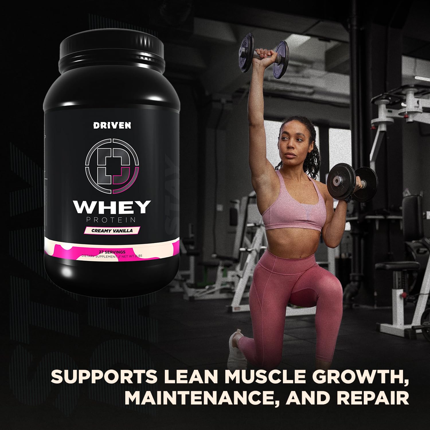 Driven WHEY creamy-vanilla scoop demonstrates easy mixing for quick post-workout shakes.