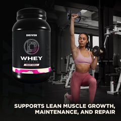 Driven WHEY creamy-vanilla scoop demonstrates easy mixing for quick post-workout shakes.
