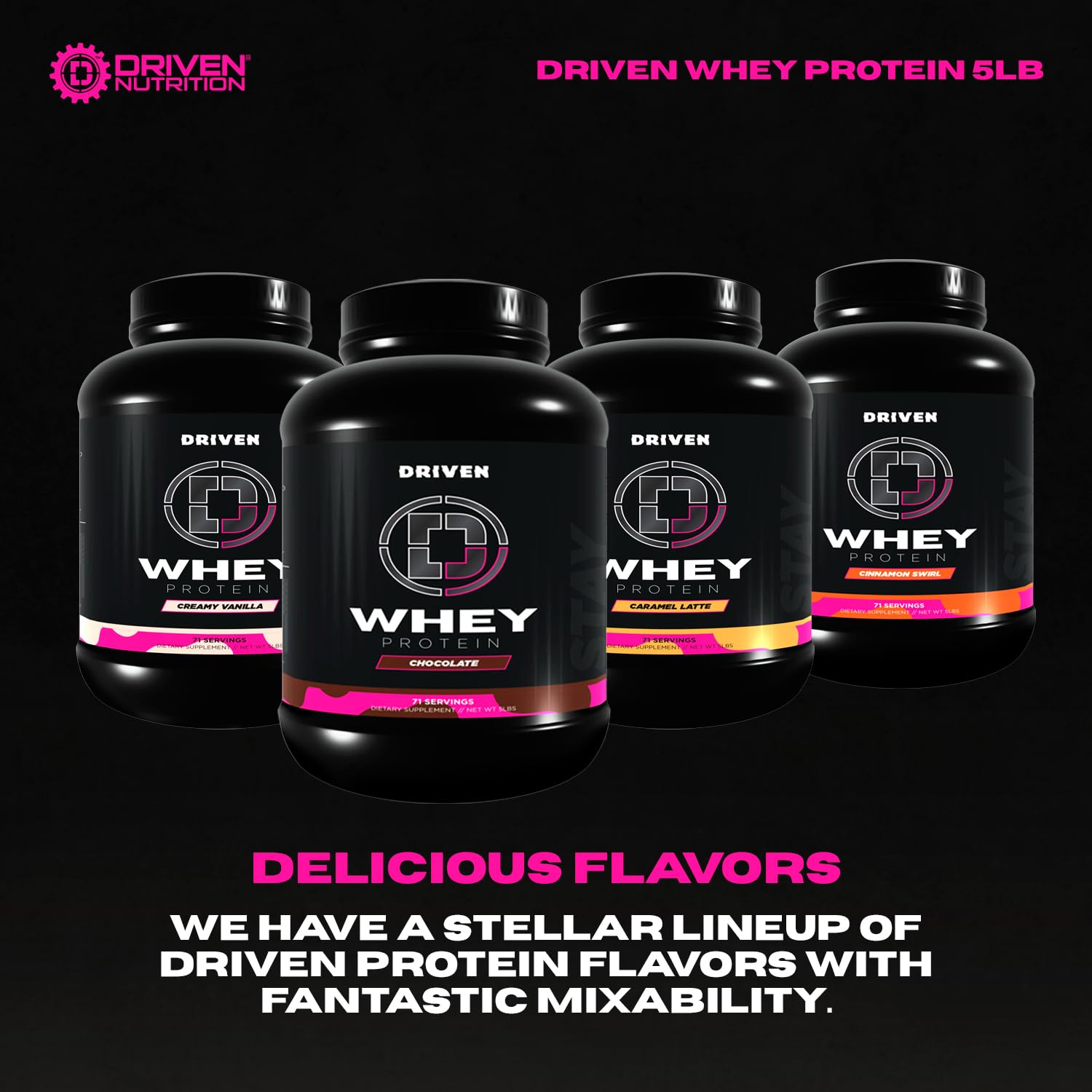 Driven Whey grab-and-go canister for on-the-go daily protein needs.