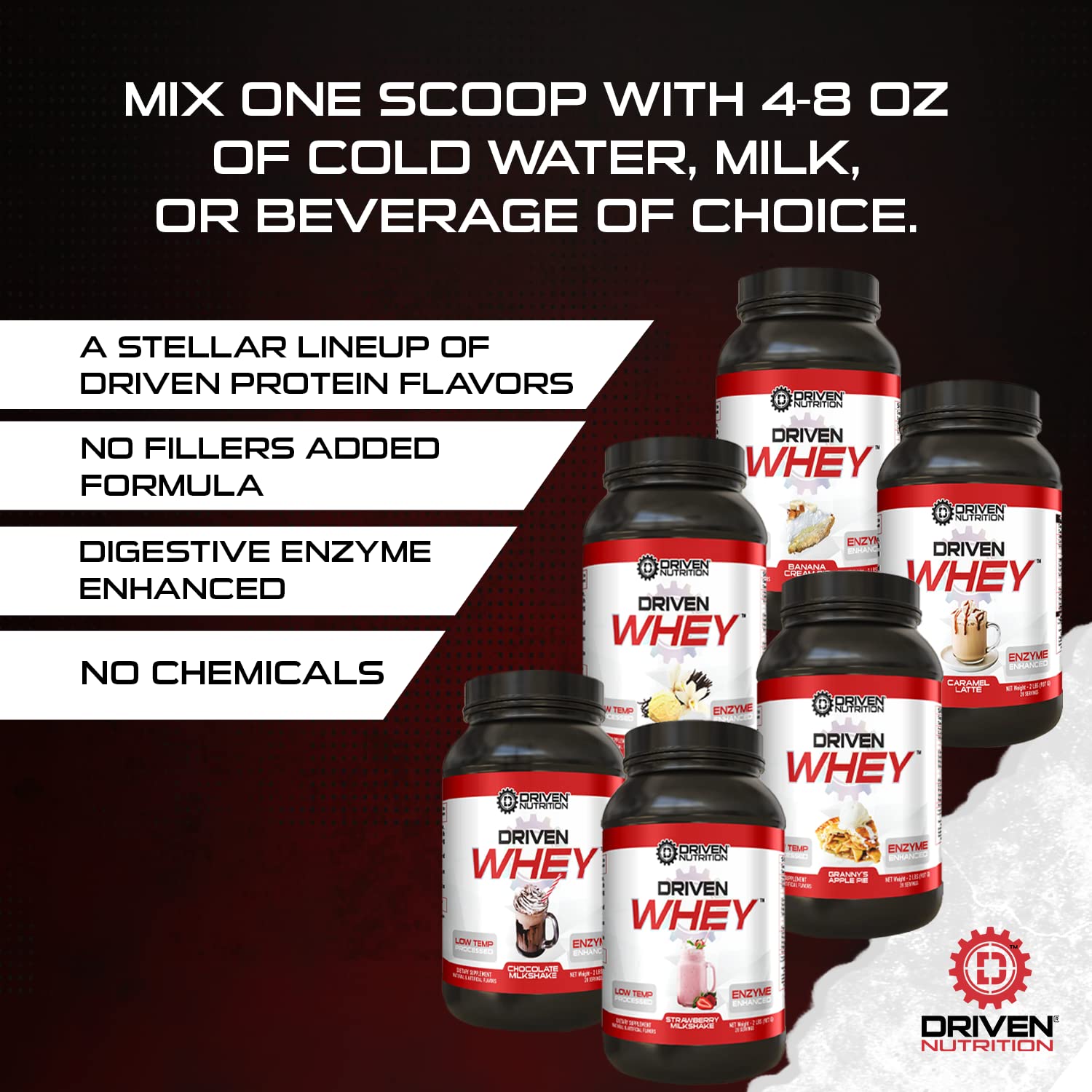 Driven WHEY banana pie measured scoop shows 23g protein per serving.