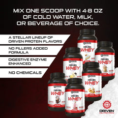 Driven WHEY banana pie measured scoop shows 23g protein per serving.