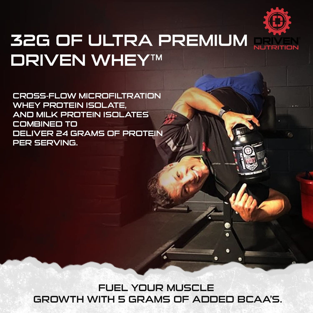 Driven WHEY banana pie shaker highlights convenient on-the-go protein.