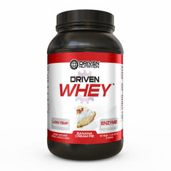 Driven WHEY banana pie tub shows grass-fed protein for post-workout recovery.