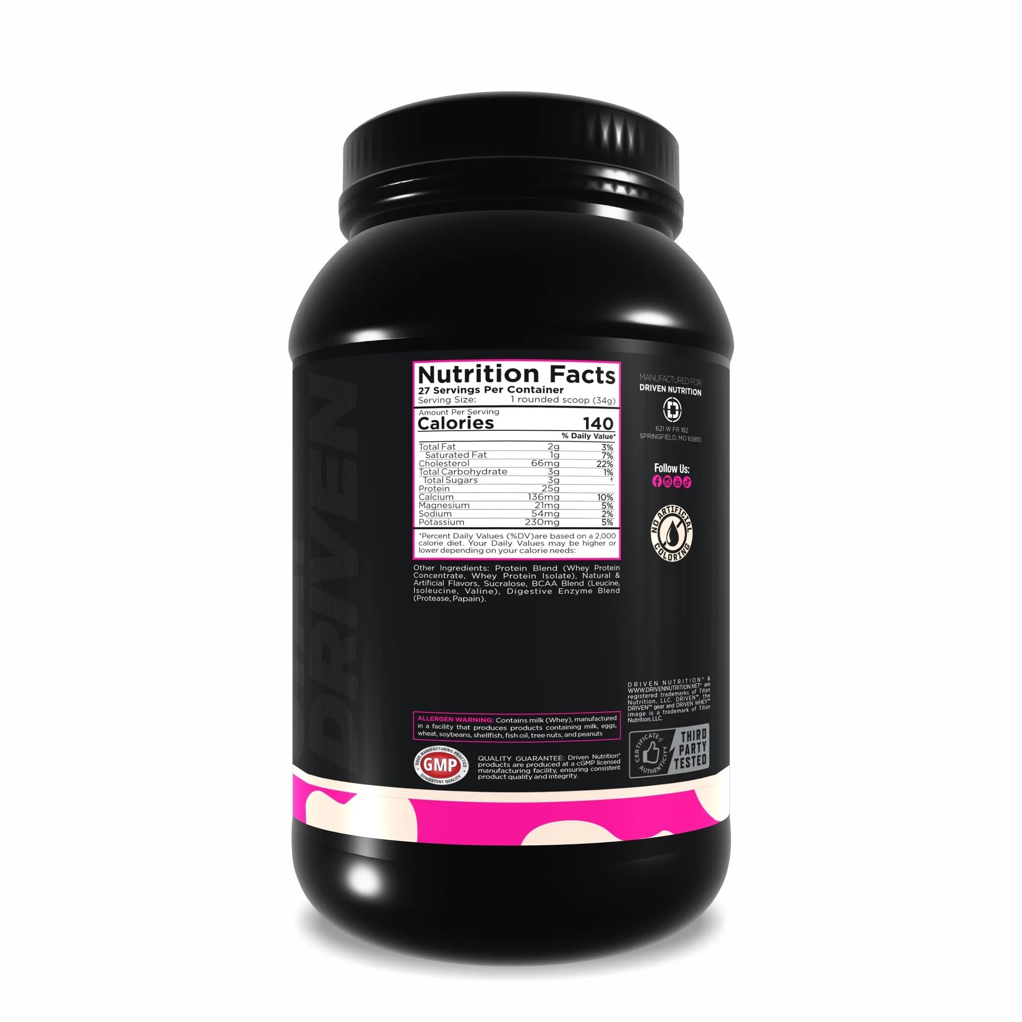 Driven WHEY-ingredients-panel closeup displays natural protein source and added enzymes.