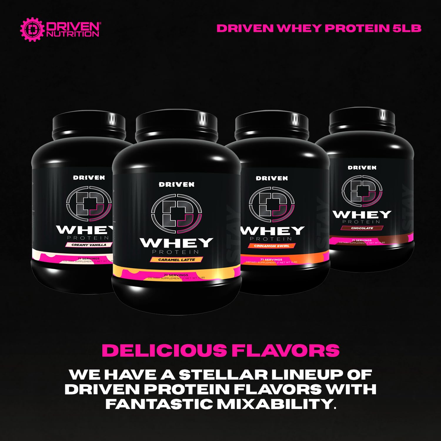 Driven Whey packaging closeup emphasizes brand quality and amino profile