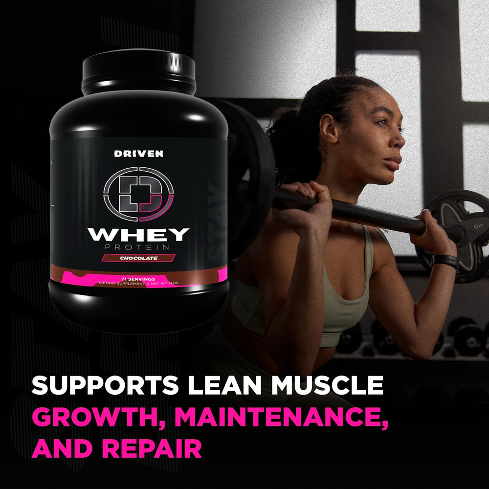 Driven Whey poured shake served after training illustrates convenient recovery snack.