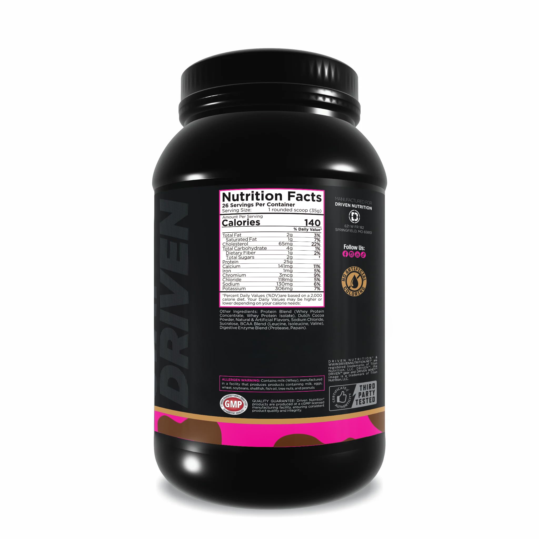 Driven WHEY shake in glass shows chocolate peanut butter flavor for delicious smoothies
