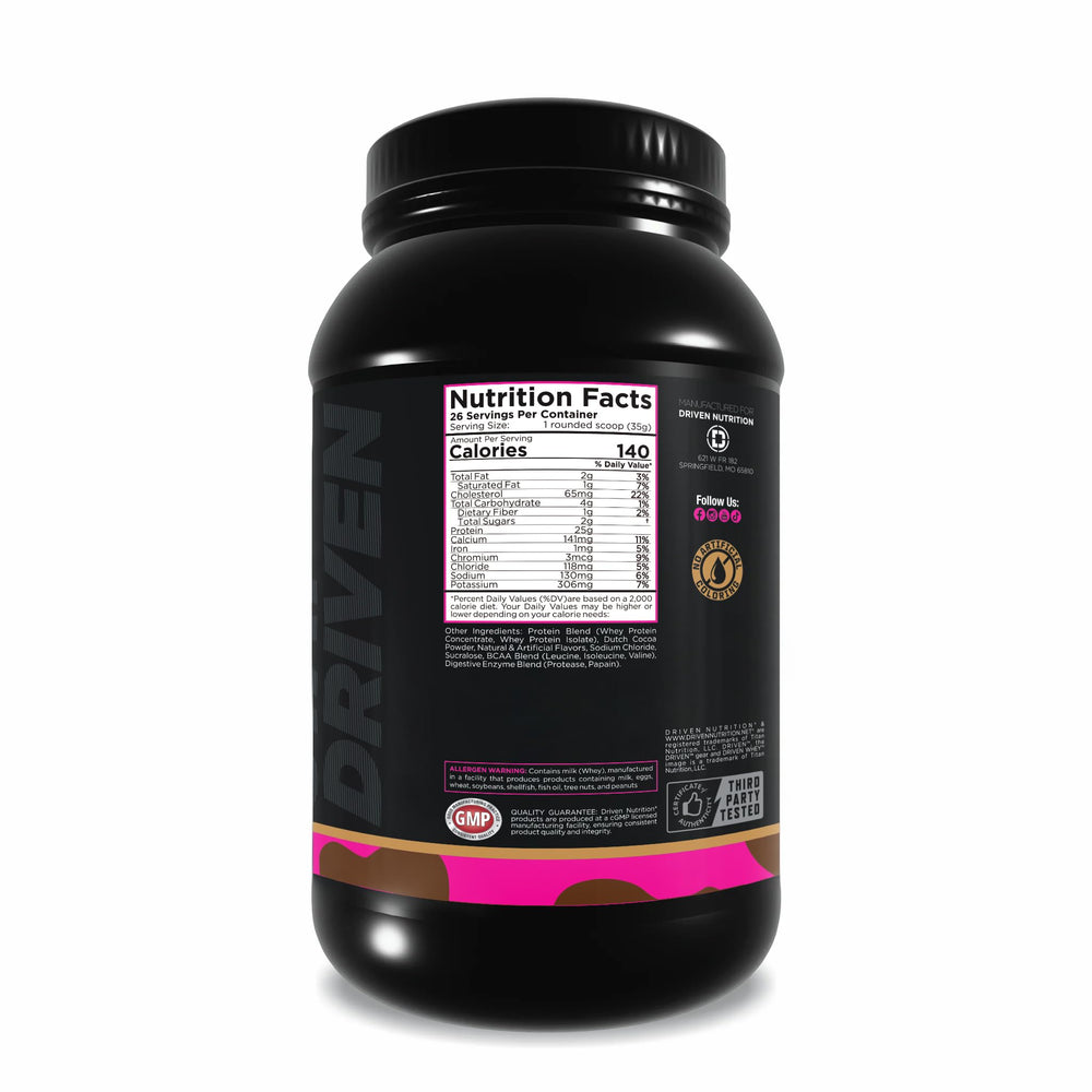 Driven WHEY shake in glass shows chocolate peanut butter flavor for delicious smoothies
