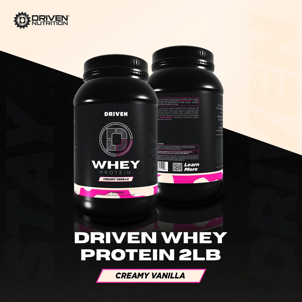 Driven WHEY shake-glass-vanilla shows a smooth, refreshing recovery drink texture.