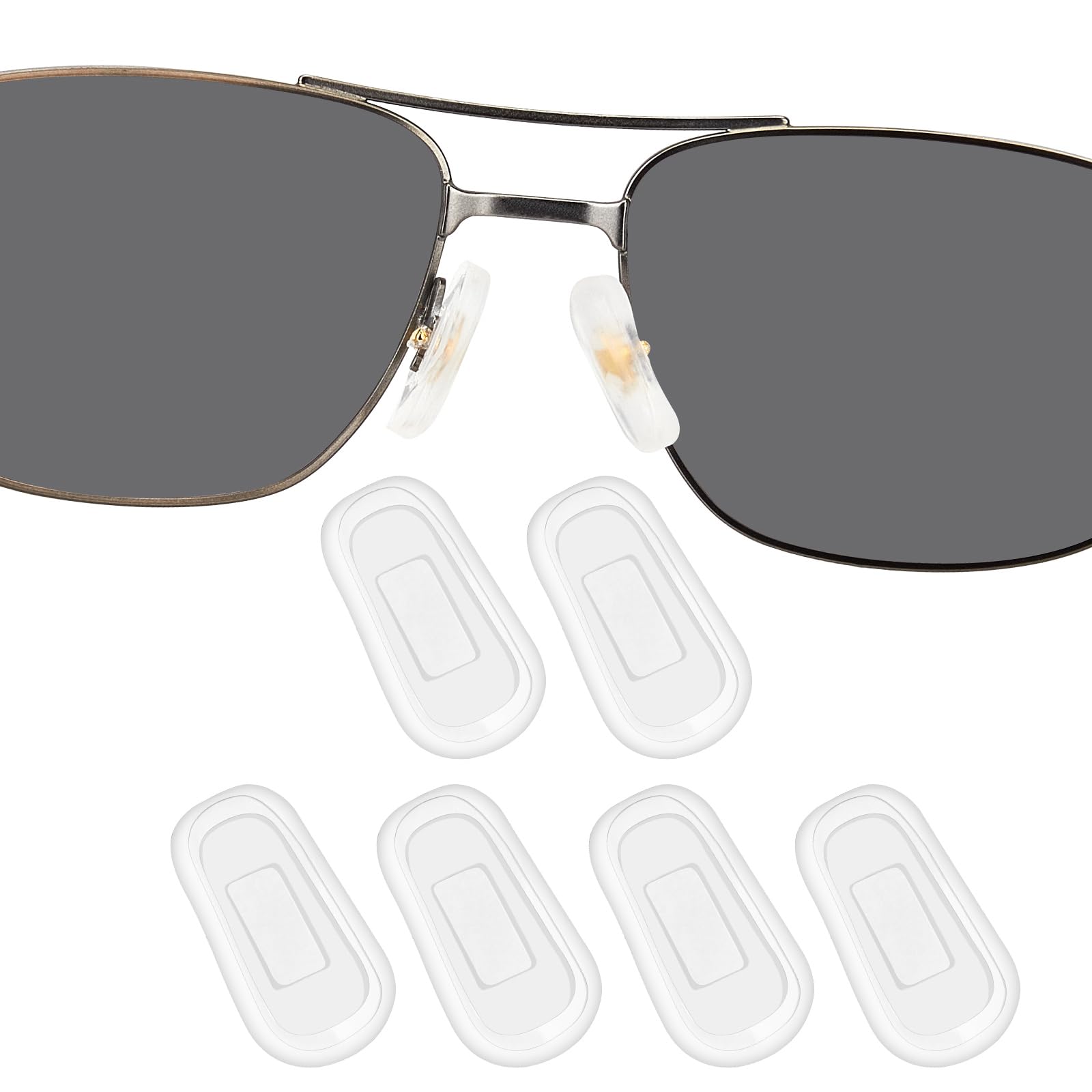 Front view of DROGO clear silicone nose pad covers for eyeglasses (set of 3 pairs)