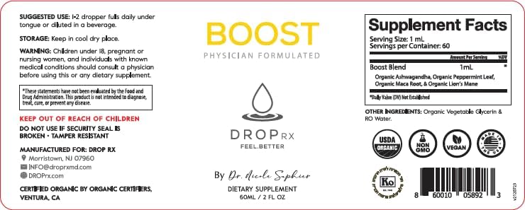 Box and bottle of DropRx Boost for retail display