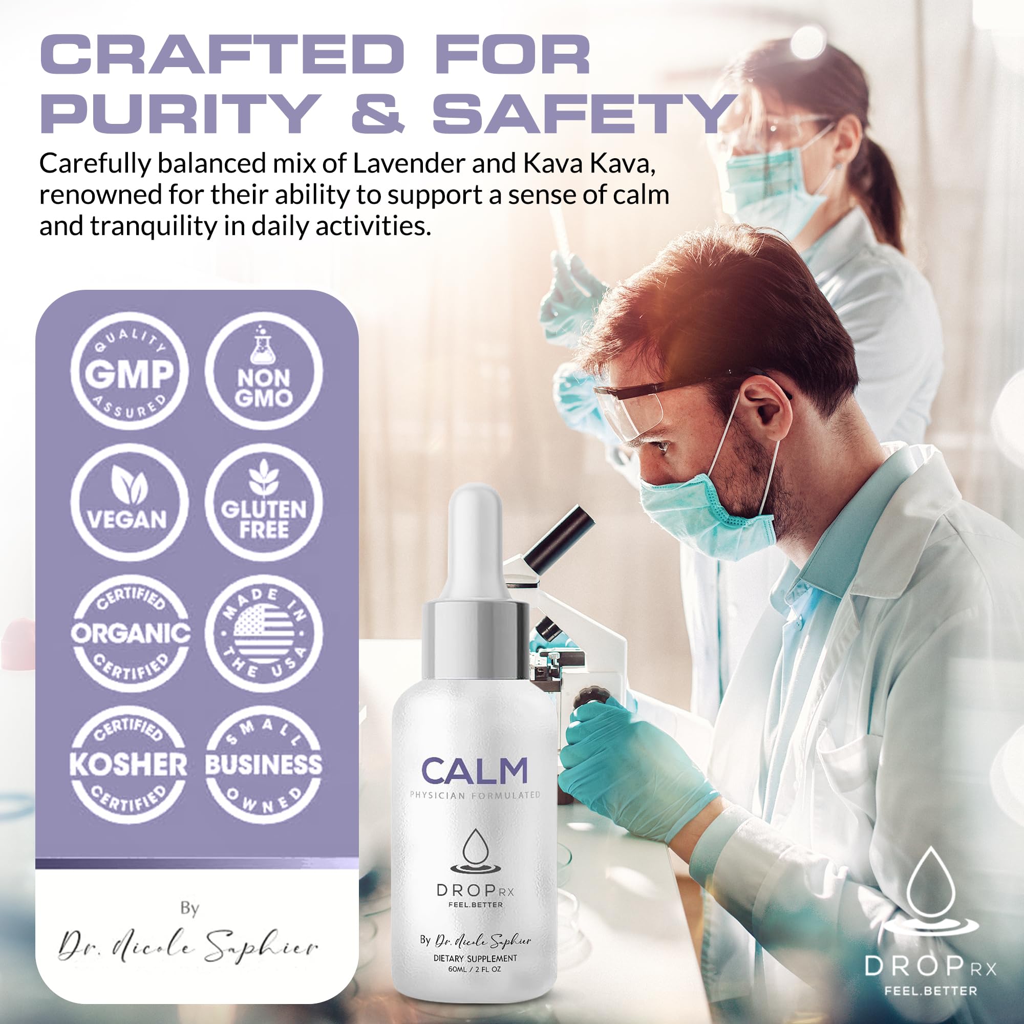 Close-up of DropRx Calm product label