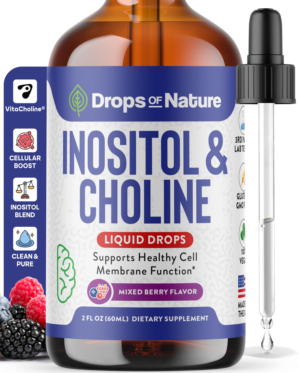 Drops Of Nature front bottle showing mixed berry label and easy dosing benefit