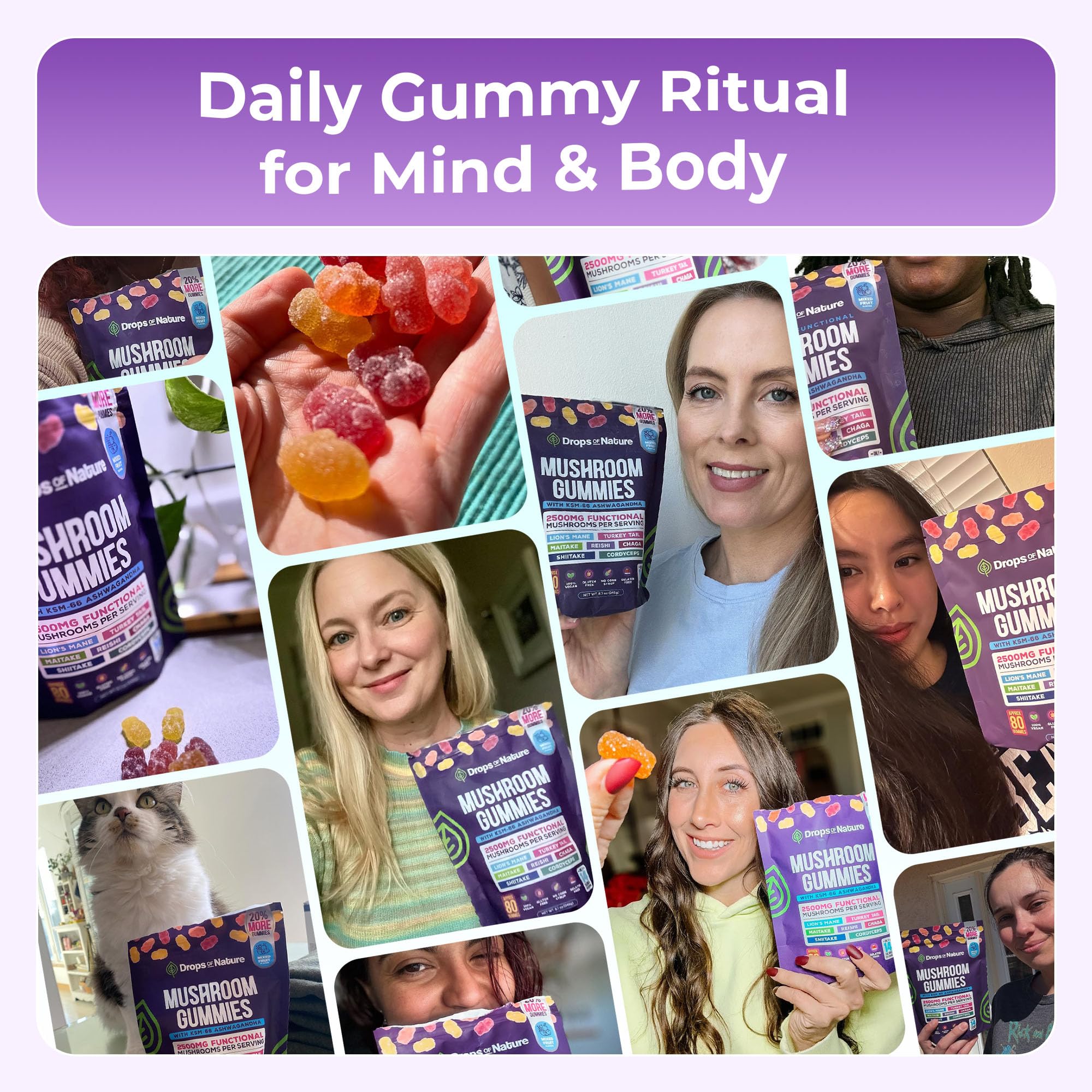 Drops Of Nature Gummies closeup with fruit flavor hints at tasty dosing.
