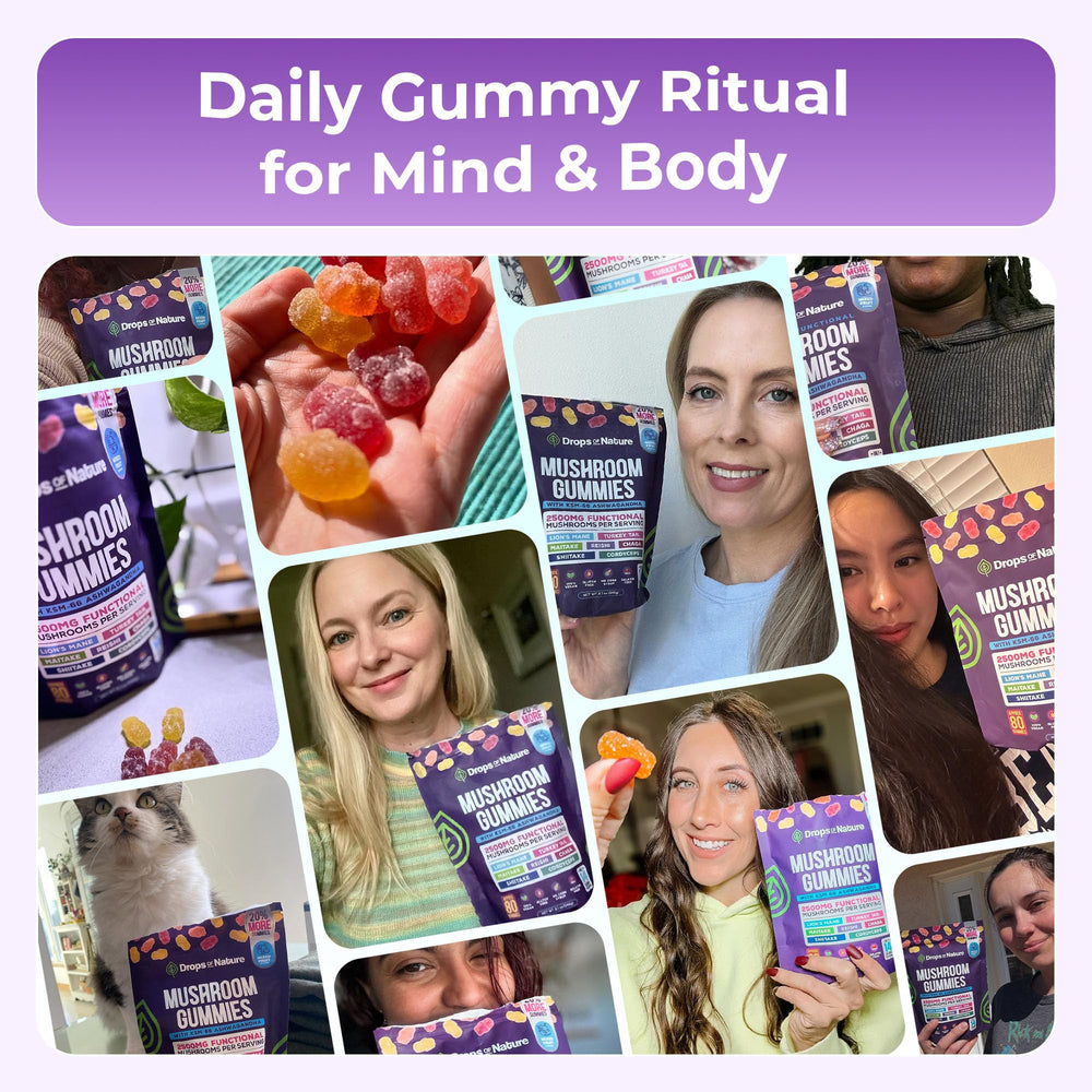 Drops Of Nature Gummies closeup with fruit flavor hints at tasty dosing.