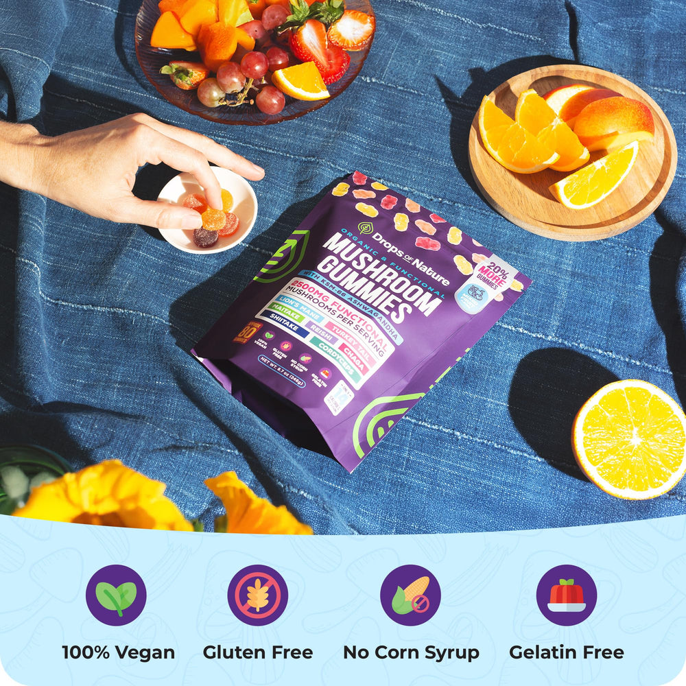 Drops Of Nature ingredients panel showcases seven mushrooms and berberine for daily wellness.