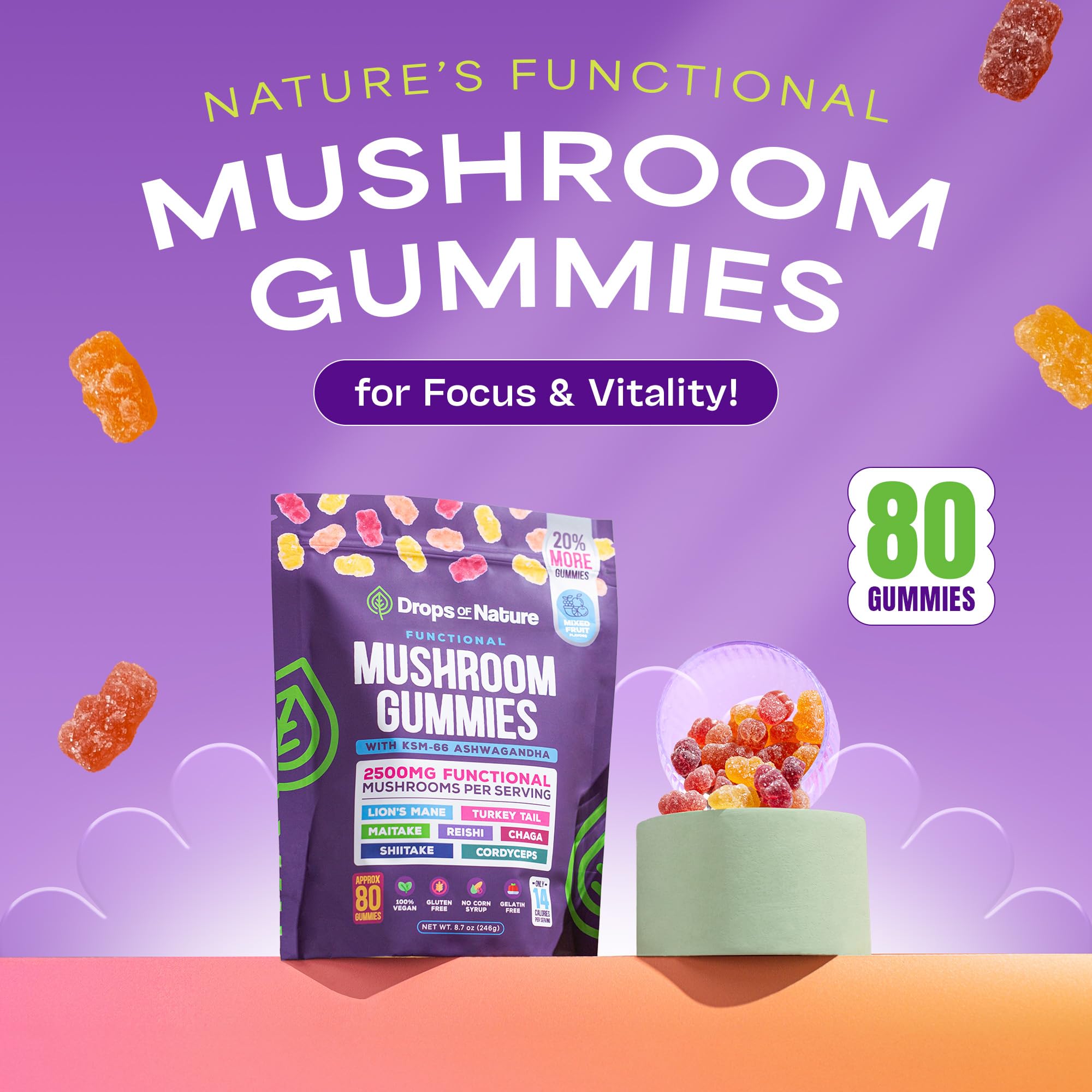 Drops Of Nature Mushroom Gummies jar highlights tasty, convenient support.