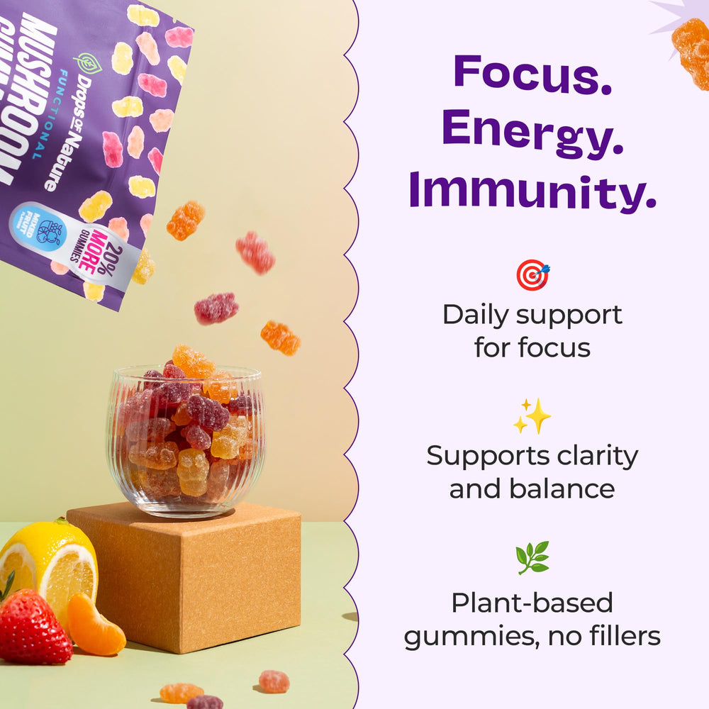 Drops Of Nature Seven Mushroom Blend ingredients panel shows broad plant-based nutrients.