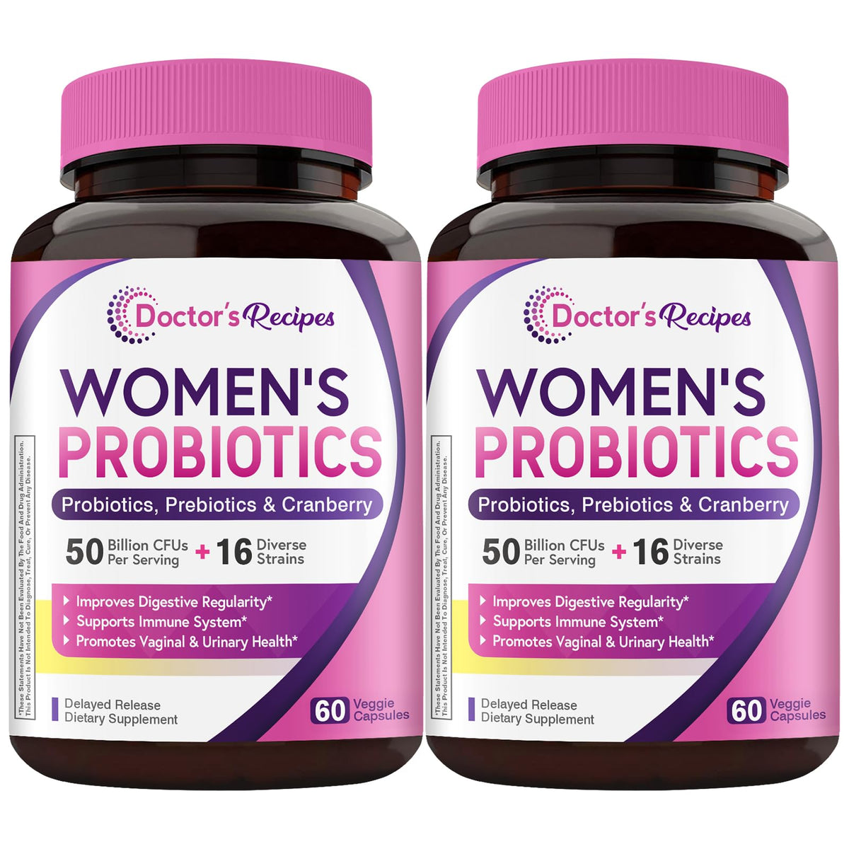 Doctor's Recipes Women's Probiotics bottle showing 50 Billion CFU and 16 strains