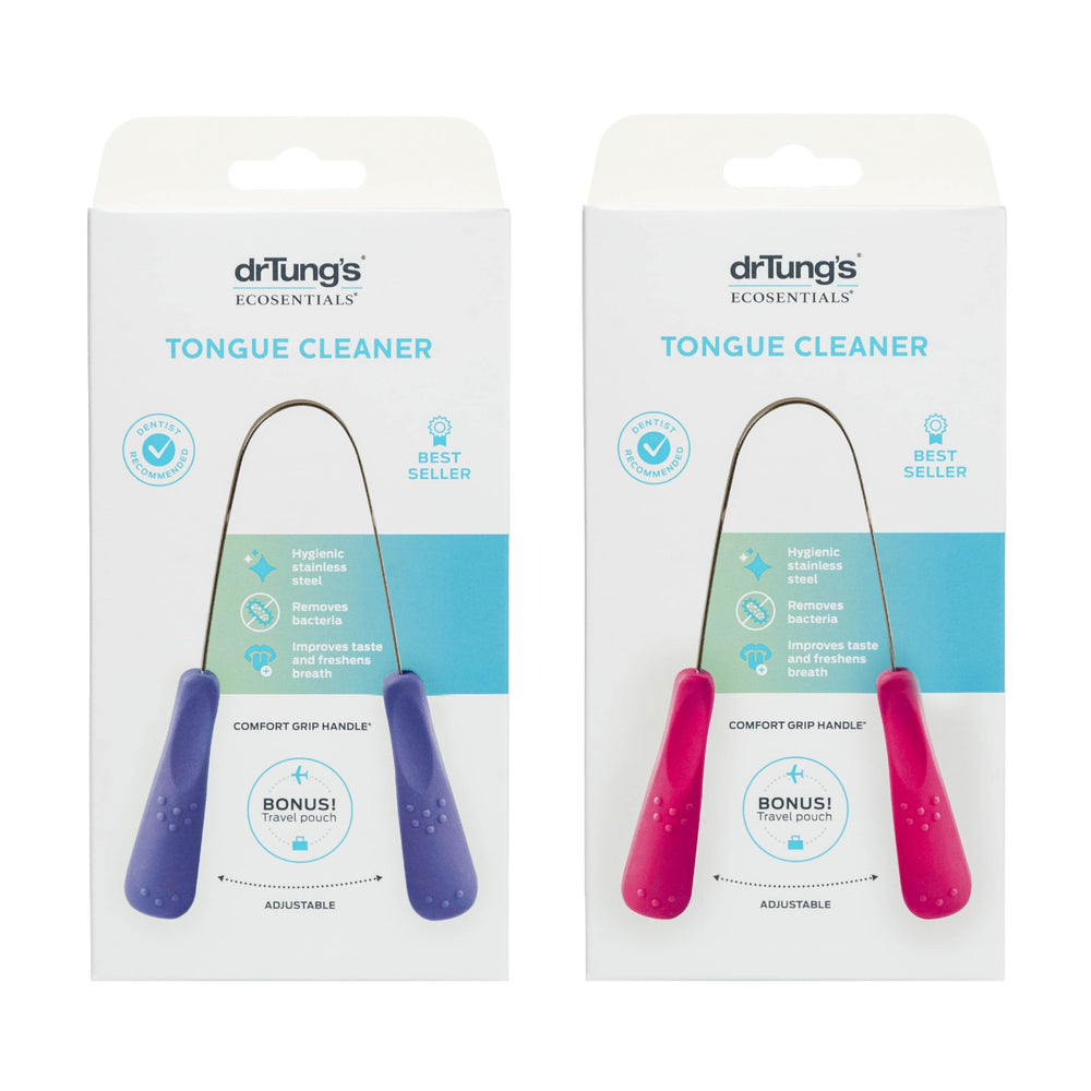 Packaging showing 2-count package of drTung's stainless tongue scraper.