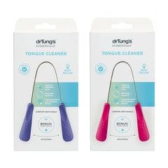 Packaging showing 2-count package of drTung's stainless tongue scraper.