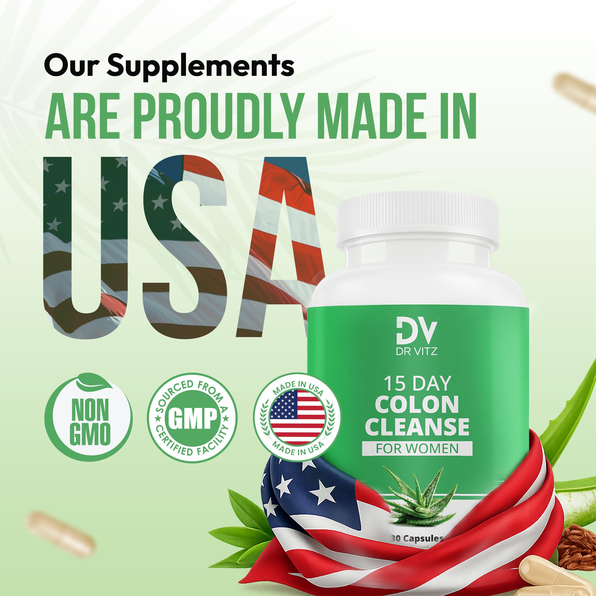 Dr Vitz colon cleanse capsules close-up highlighting probiotics and fiber