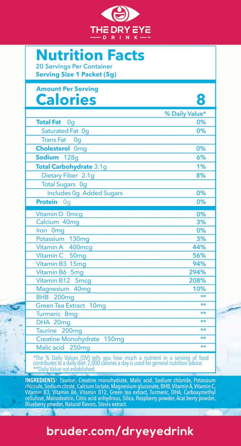 Hero image: Dry Eye Drink packets with glass of water