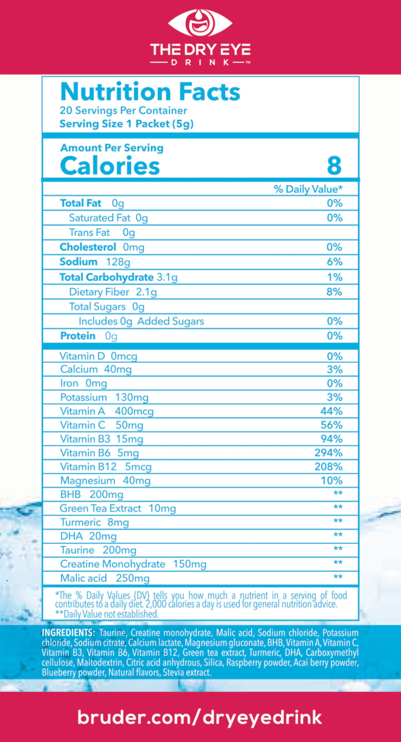 Glass of water with Dry Eye Drink Mixed Berry hydration